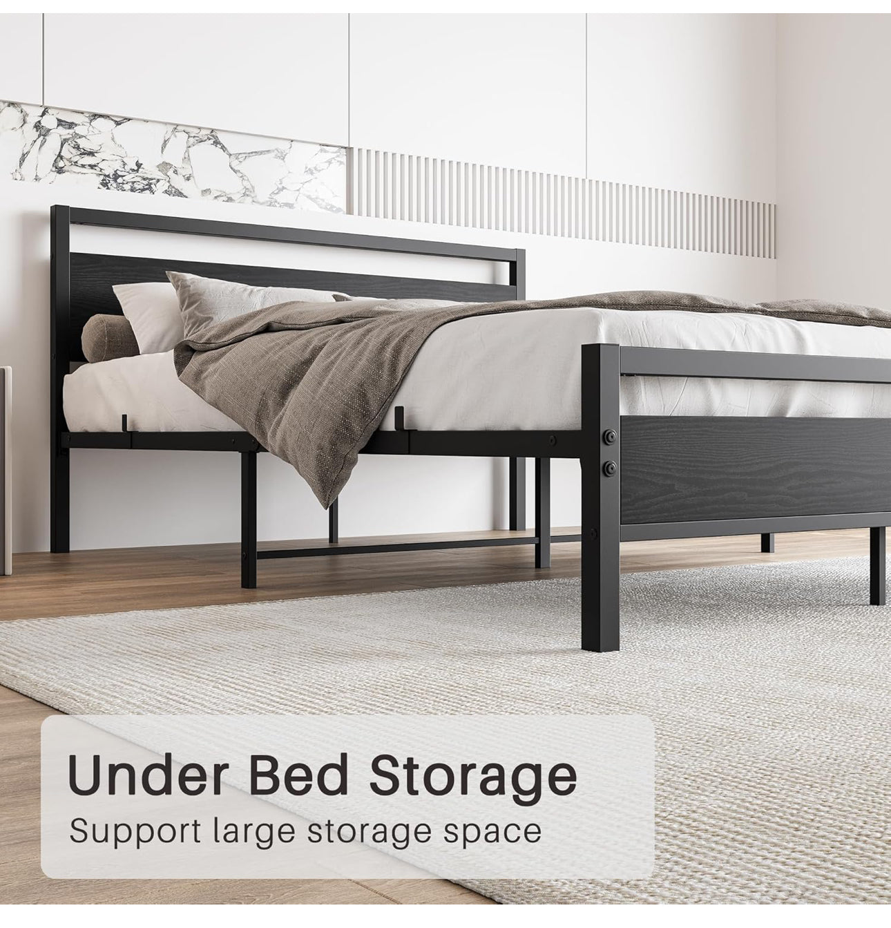 King Size Bed Frame with Wood Headboard,Heavy Duty Metal Platform