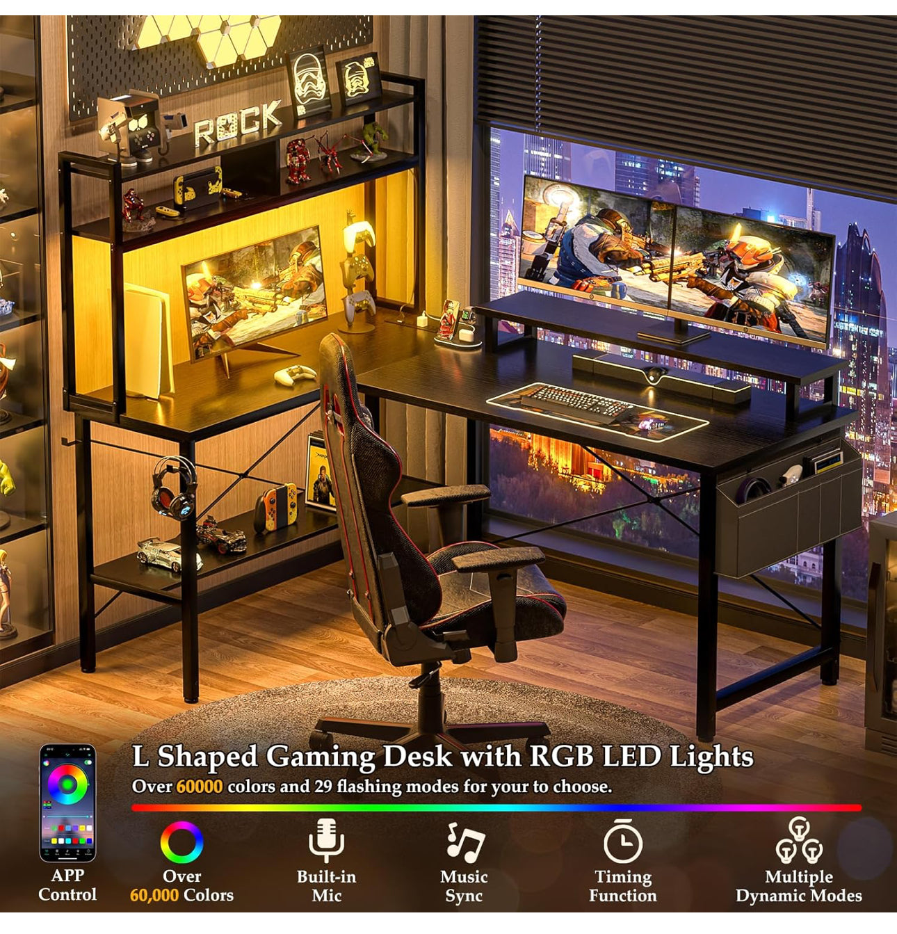 L Shaped Gaming Desk with Power Outlets & LED Lights