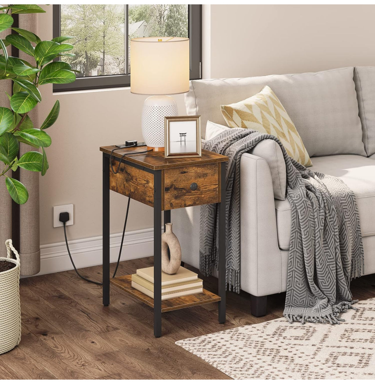 Narrow Side Table, Slim Bedside Table with Charging Station