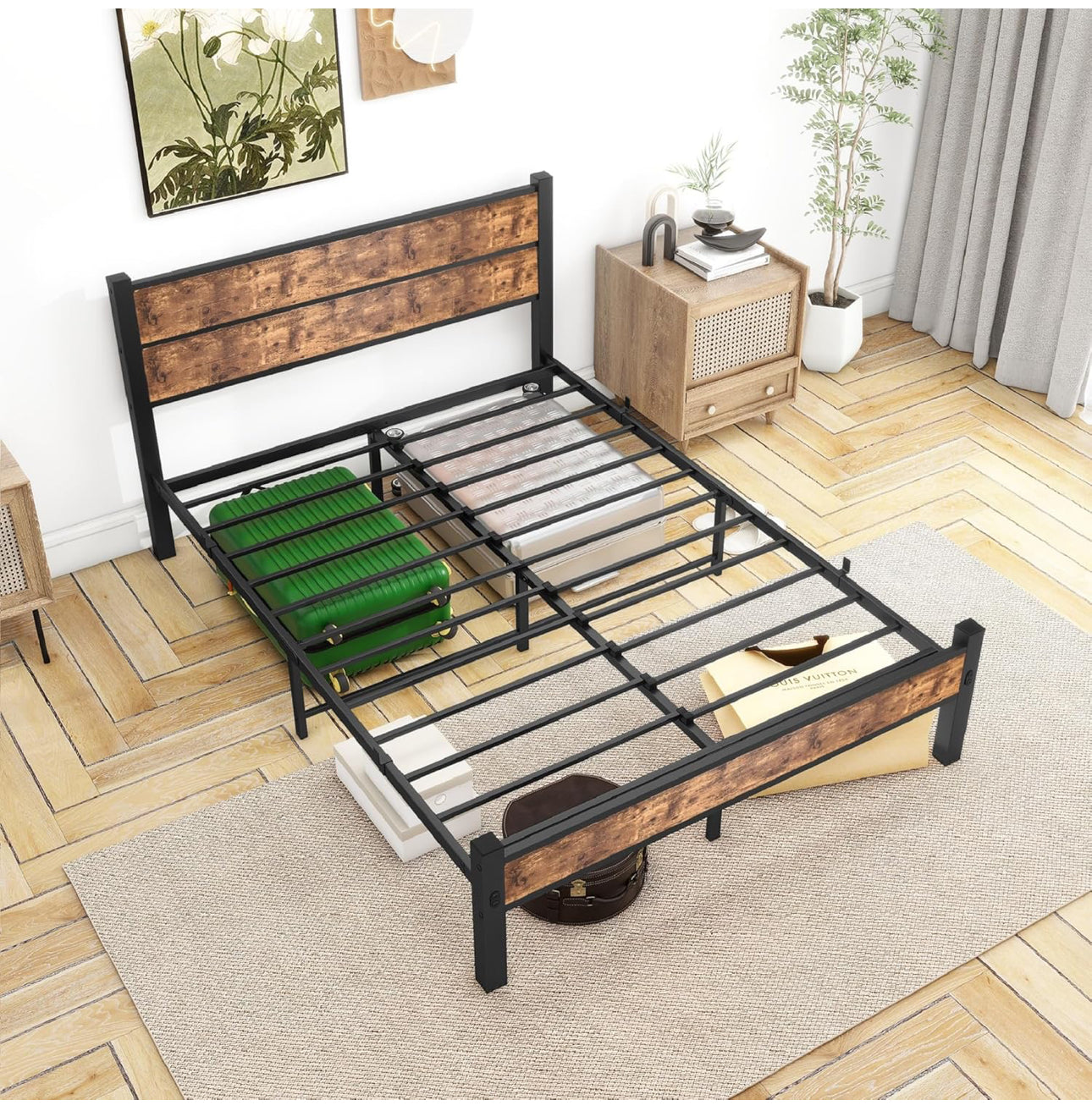 Double Bed Frame with Wooden Headboard and Footboard