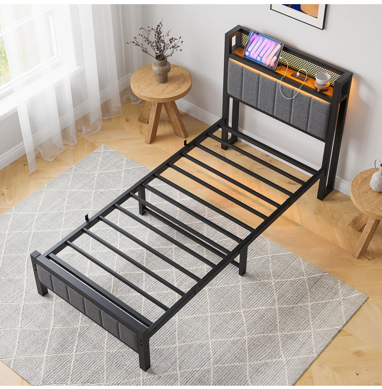 Single Bed Frames with Storage Headboard and Charging Station/LED Lights