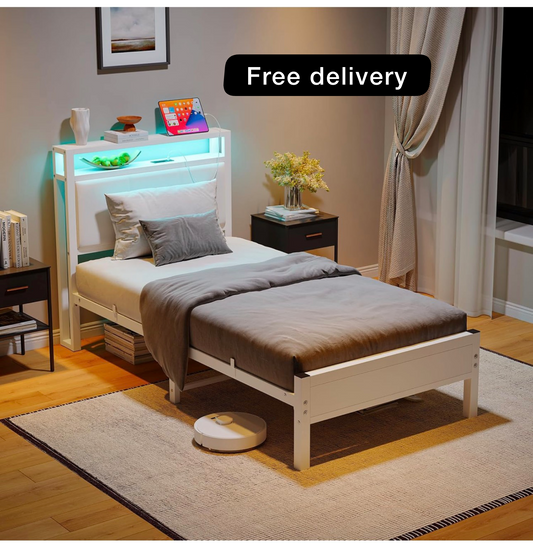 3FT Single Bed Frame with LED Lights and Charging
