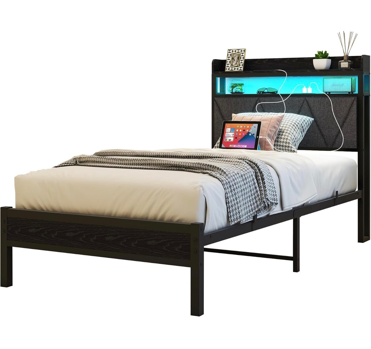 3ft Single Bed Frame with LED Lights Storage Upholstered Headboard and Charging Station