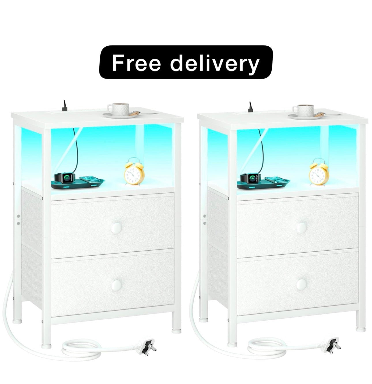 Bedside Table with Charging Station, Side Table with LED Light, Nightstand with 2 Fabric Drawers and Open Storage Shelf, Small Bedside Cabinet for Living Room, Bedroom, White