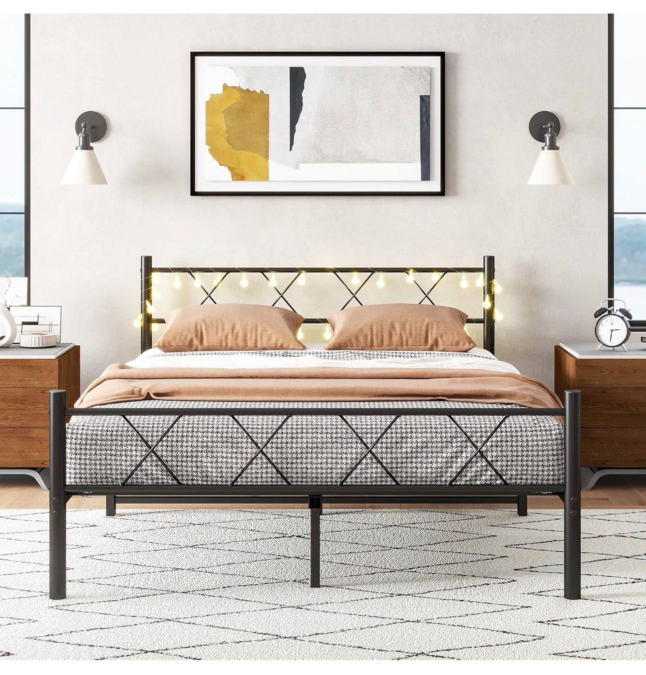 King Size Bed Frame with Headboard & lights,5ft Me