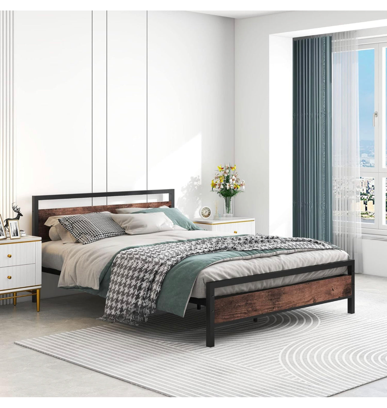 King Size Metal Platform Bed Frame with Wooden Headboard