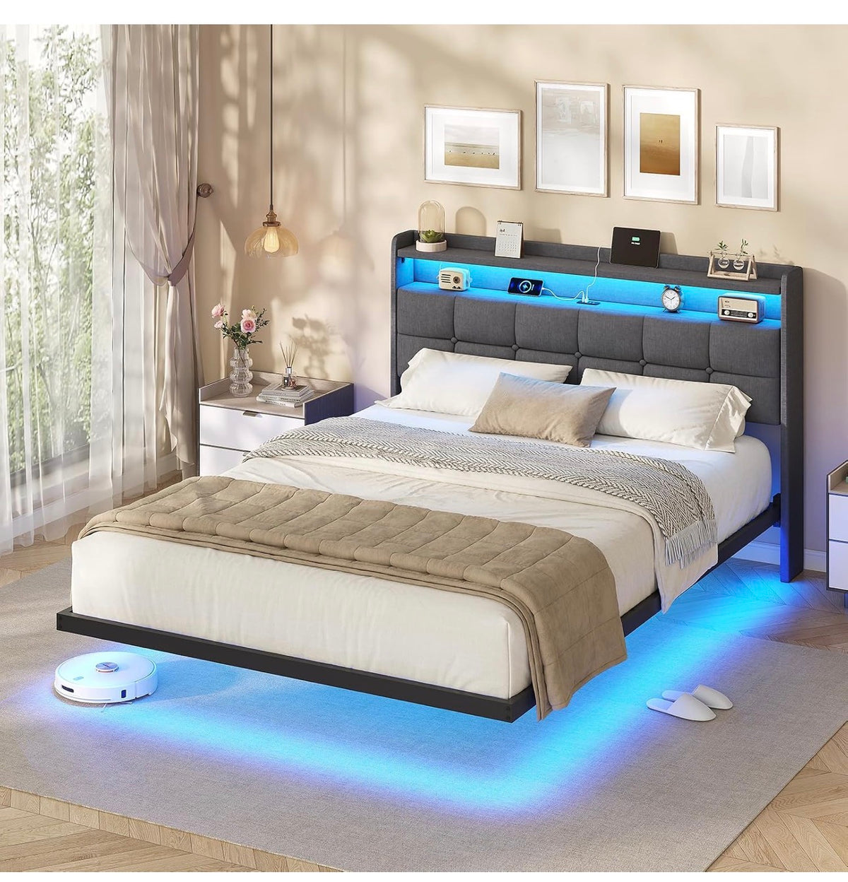 4ft6 Floating Double Bed Frame 135×190CM with LED Lights & Charging Station, Metal Platform Bed frame with Upholstered Headboard, Easy Assembly,Noise Free,No Box Spring Needed,Dark Gray Linen