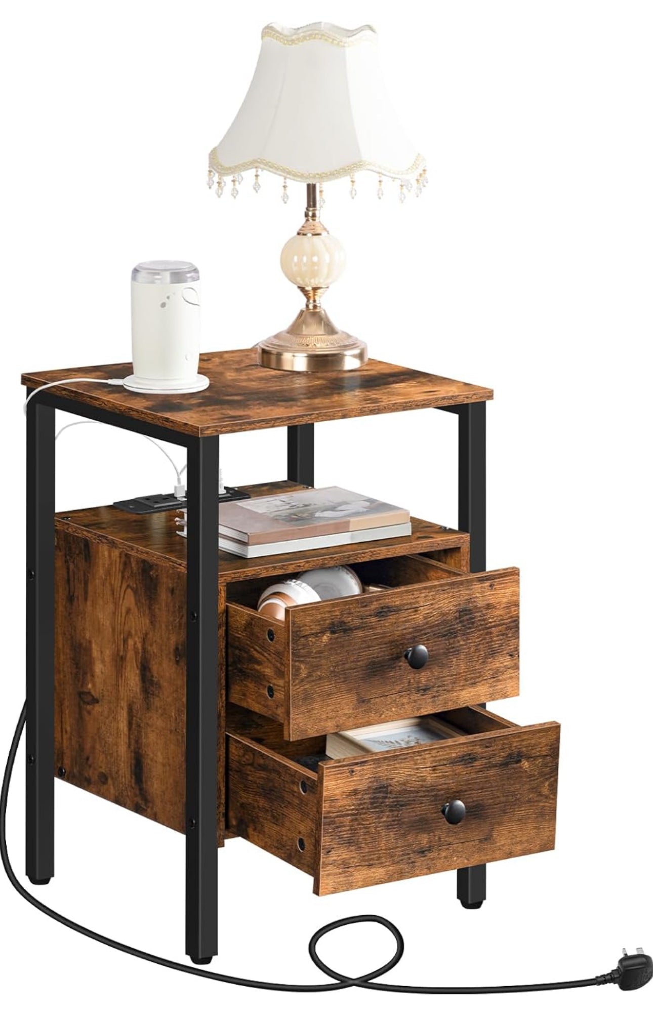 2 Bedside Table, Side Table with Charging Station