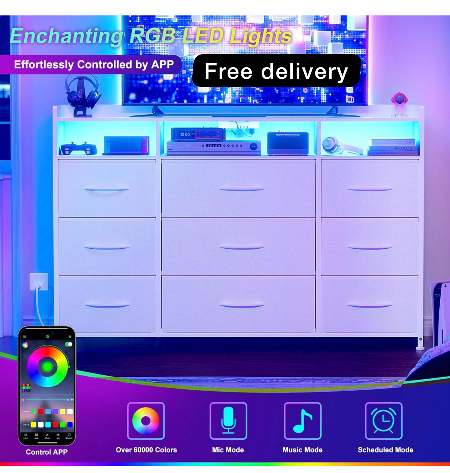 Chest of Drawers with Charging Station and LED Light