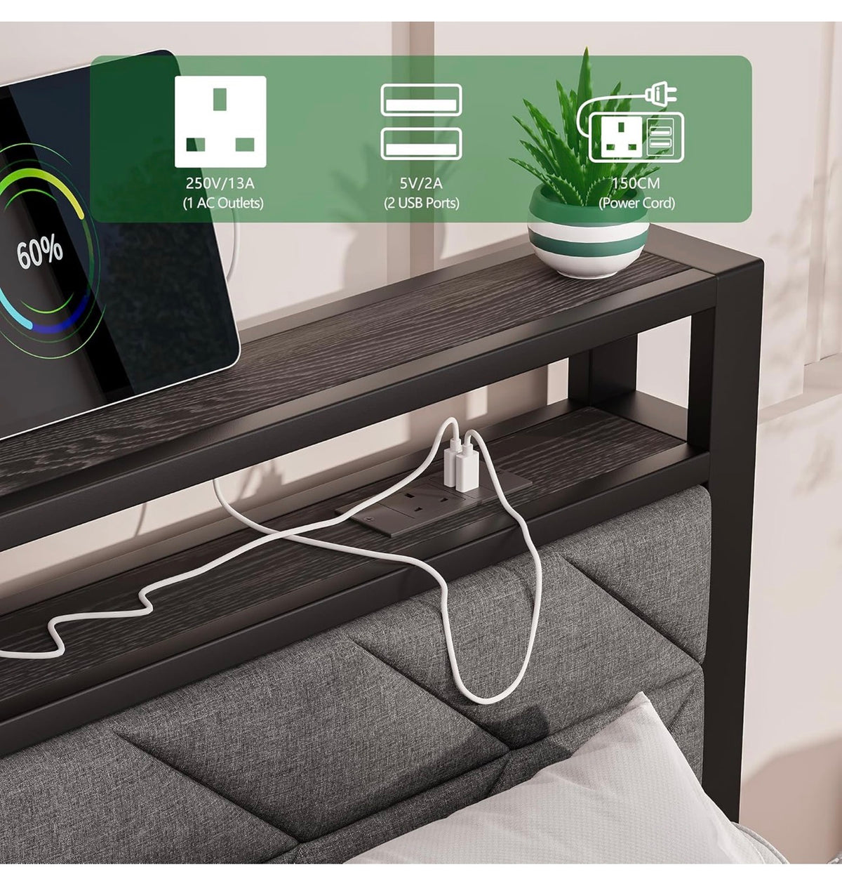 4ft6 Upholstered Floating Double Bed Frame Black, Storage Headboard
Metal Bed Frame with LED Lights and Charging Station, Heavy Duty Metal Slat Support, Noise Free, No Box Spring Needed