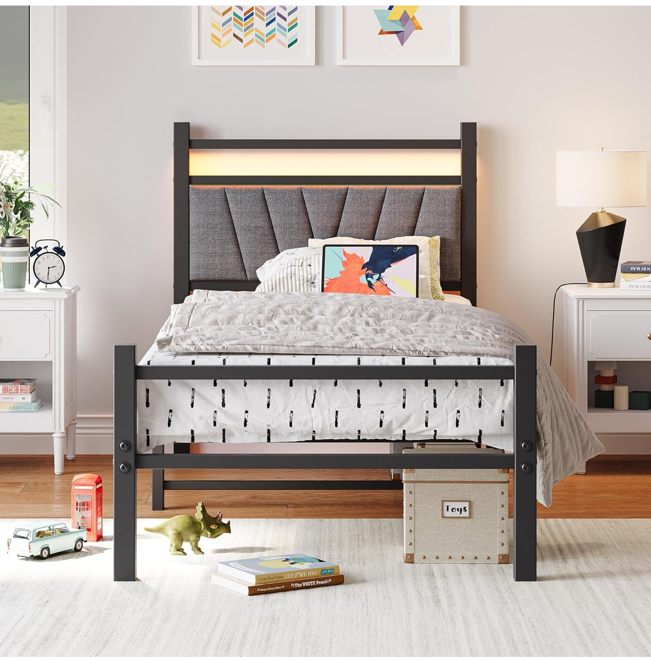 3FT Single Bed Frame, Metal Platform Upholstered Bed frame with Headboard and USB Charging