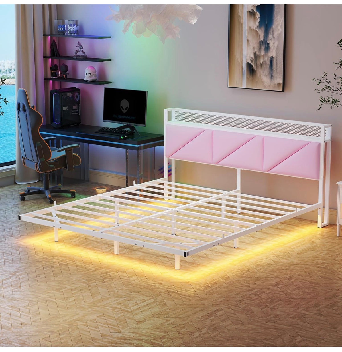 King Size Bed Frame with Floating Upholstered Storage Headboard,Pink
150x200cm Metal Bed Frame with LED Lights & USB Charging, 5ft King Platform Bed, Heavy Duty Metal Slats, Noise Free