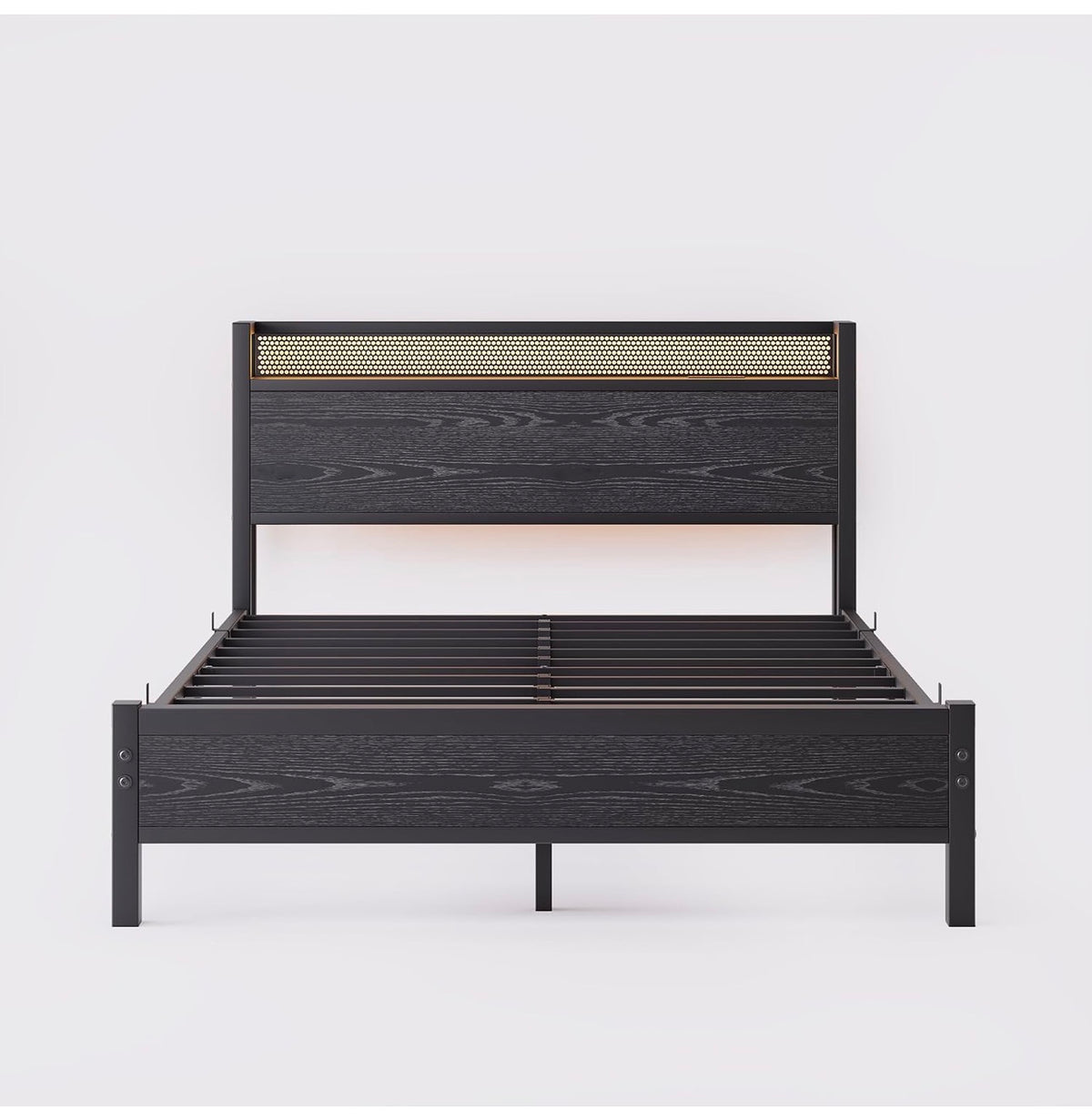 Double Bed Frame with LED Lights Storage Headboard,4ft6 Metal Bed Frame Double Bed with Charging Station,Strong Steel Slats Support,Underbed Storage,Noise Free,Black Bed 135x190cm