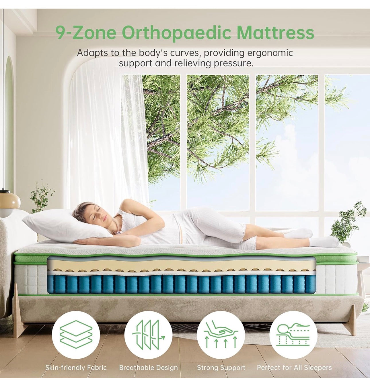 King Mattress 5FT, 10 Inch Hybrid Mattress, Gel Memory Foam & Individually Pocket Springs, 9-Zone Orthopaedic, Medium Firm for Pressure & Back Pain Relief, 150x200x25 cm