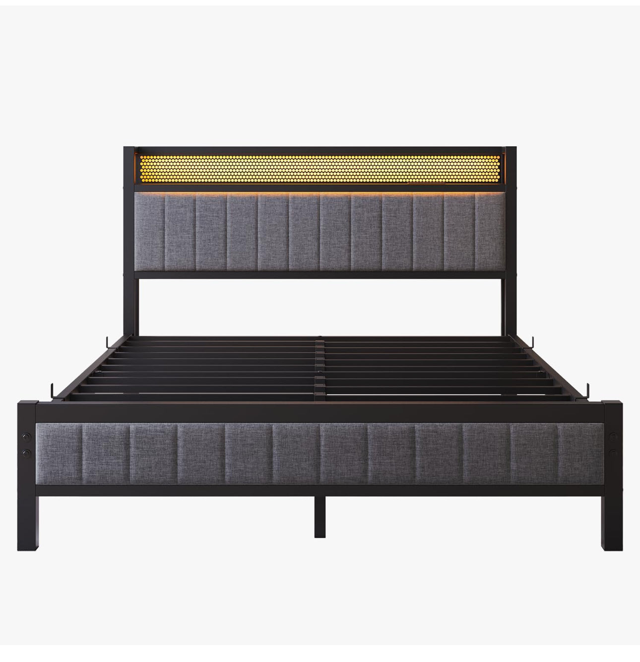 King Size Bed Frame with Upholstered Headboard, Wooden Storage Headboard Shelf, 5ft Upholstered Bed Frame Kingsize with Charging Station/USB Ports and LED Lights