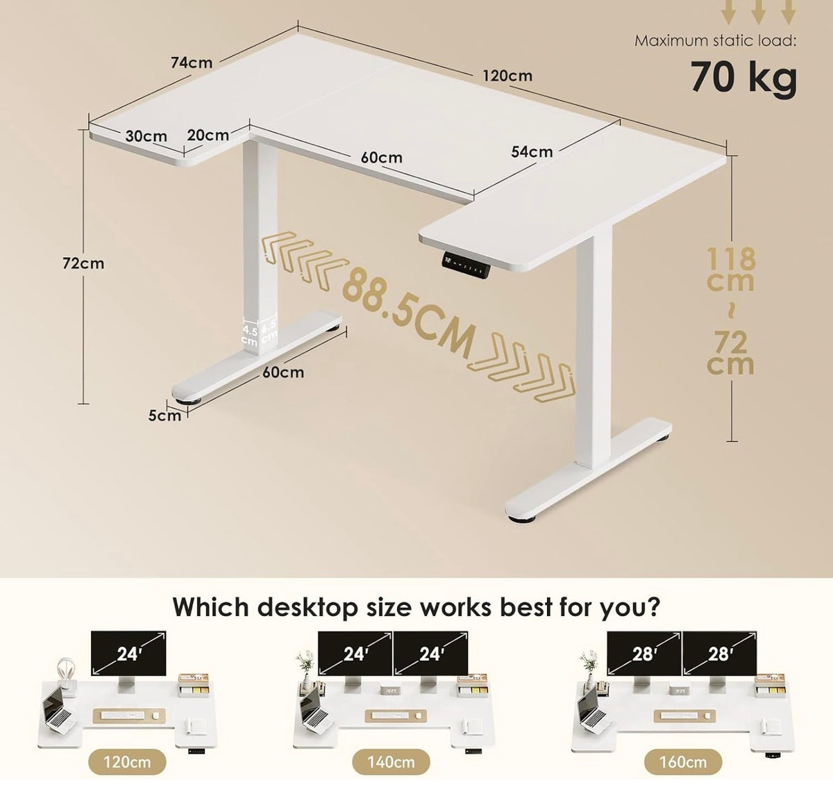 Height Adjustable Desk, U Shaped Standing Desk with 3 Memory Presets
120×70cm Electric Sit Stand Desk, Ergonomic Wrap Around Computer Table, Ultra Quiet Motor for Home Office Living Room,