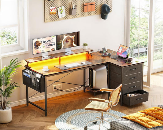 L Shaped Gaming Desk with LED Lights & Power Outlet