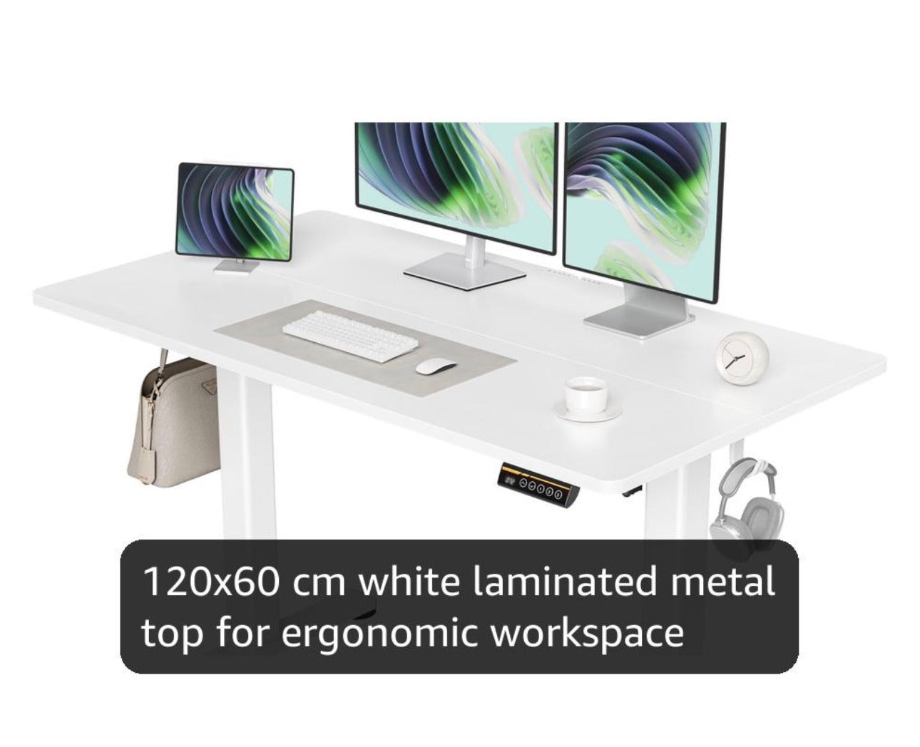Electric Standing Desk 120 x 60cm, Height Adjustable Sit Stand Desk with 3 Memory Presets, Home Office Desk with Anti-Collision System, Quiet Motor, 2 Hooks, White