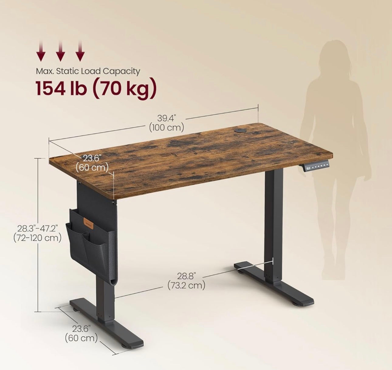 Electric Standing Desk, Height Adjustable Desk, 100 x 60 cm, Continuous Adjustment