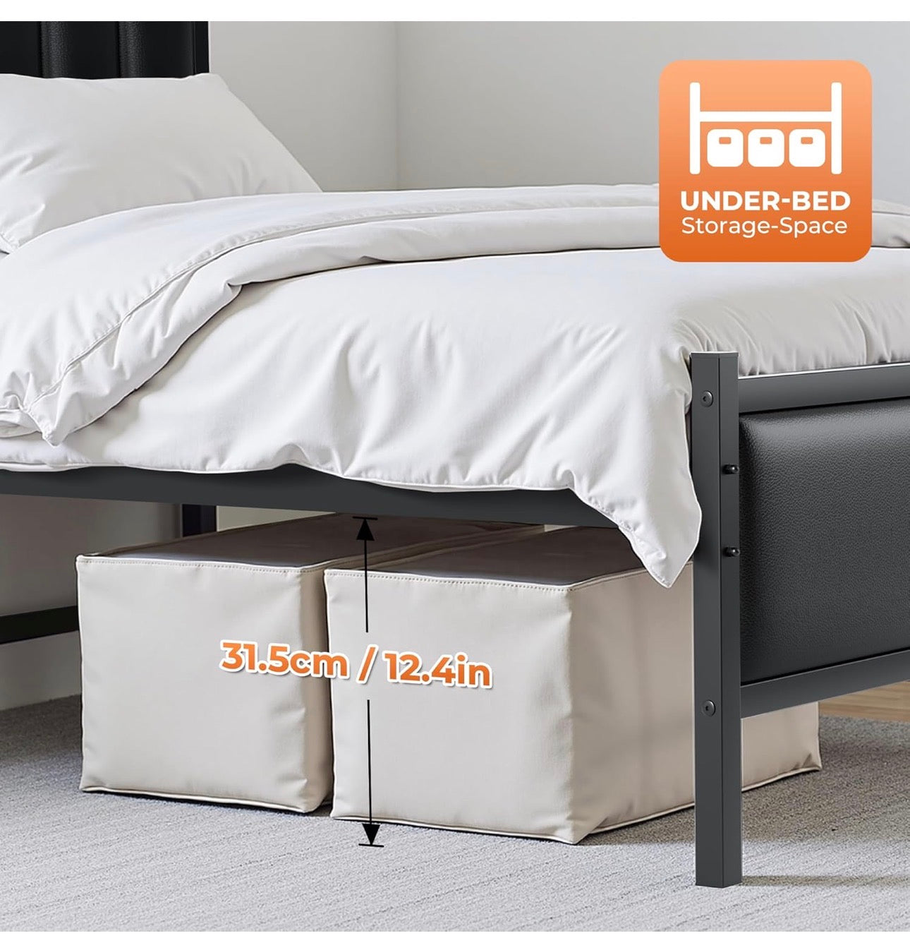 Double Bed Frame with Upholstered Headboard, 4ft6 Metal Beds with Heavy Duty Steel Slats Support Platform, Black Double Bed with Storage, Noise Free, Easy Assembly, No Box Spring Needed