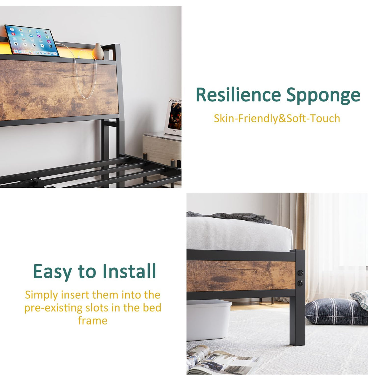 Double Size Bed Frame with Charging Station and LED