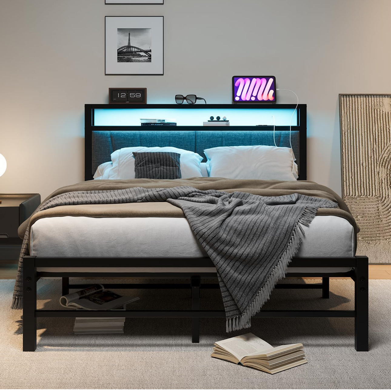Double Bed Frame with Storage and LED Lights