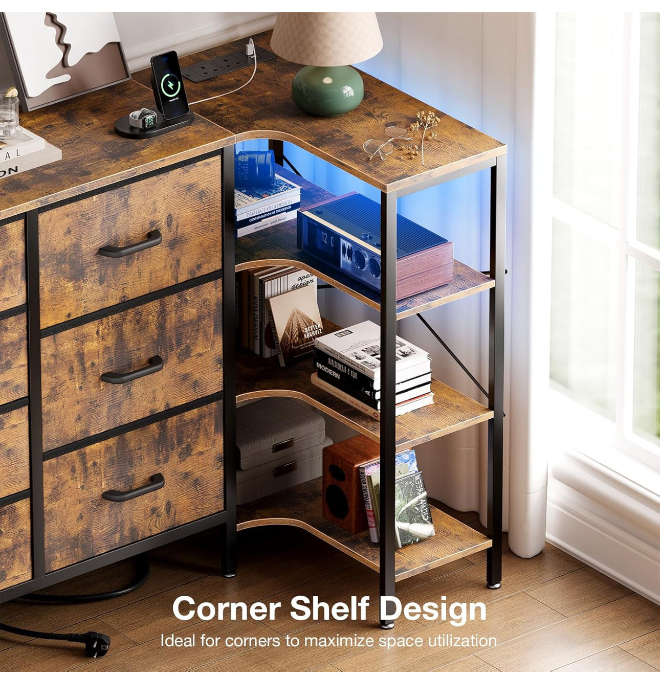 Corner Chest of Drawers Bedroom, Storage Dresser with 7 Fabric Drawers - 2 USB and 2 AC Outlets and LED,