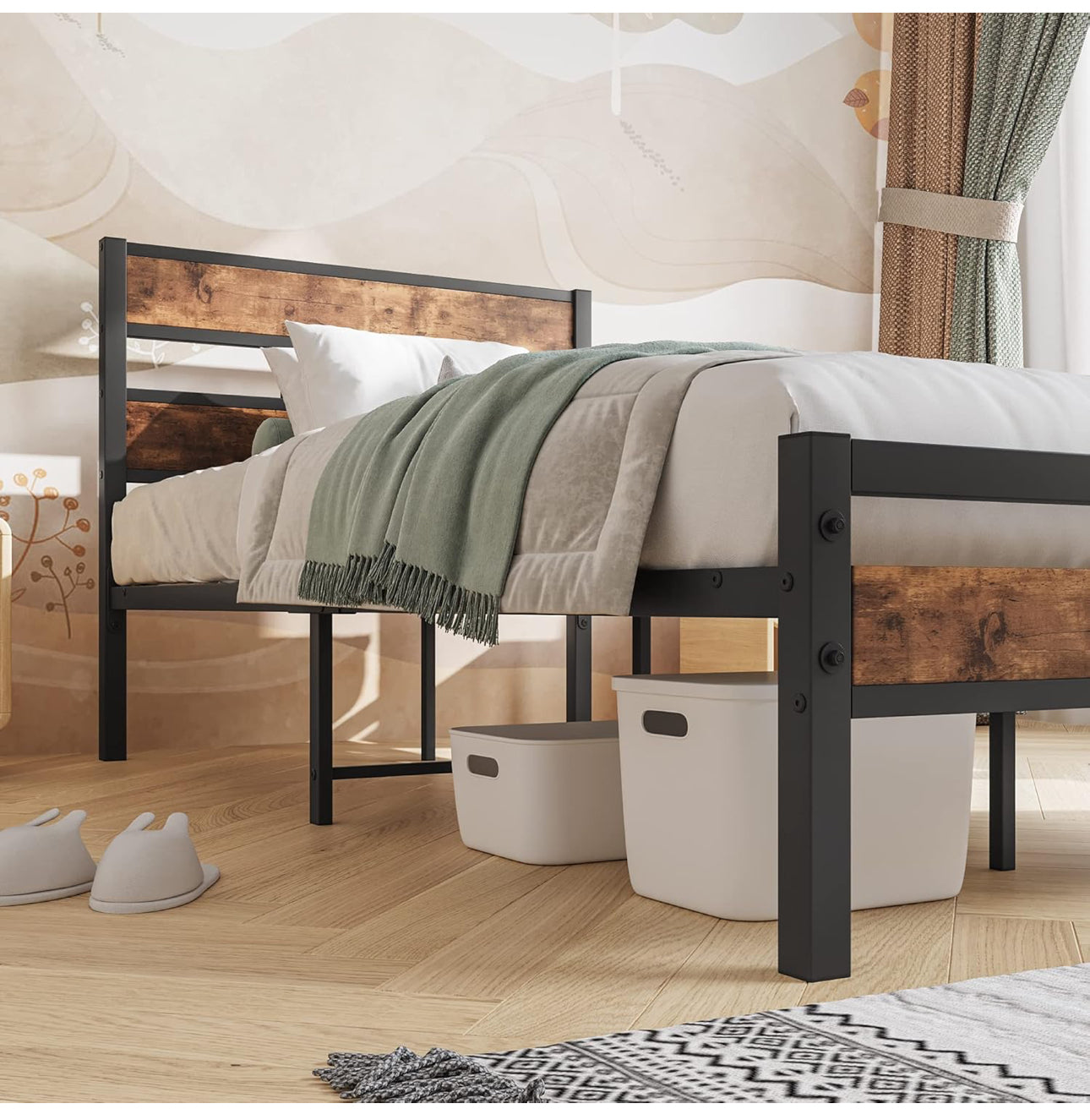 Single Bed Frame with Storage, Metal Bed Frame