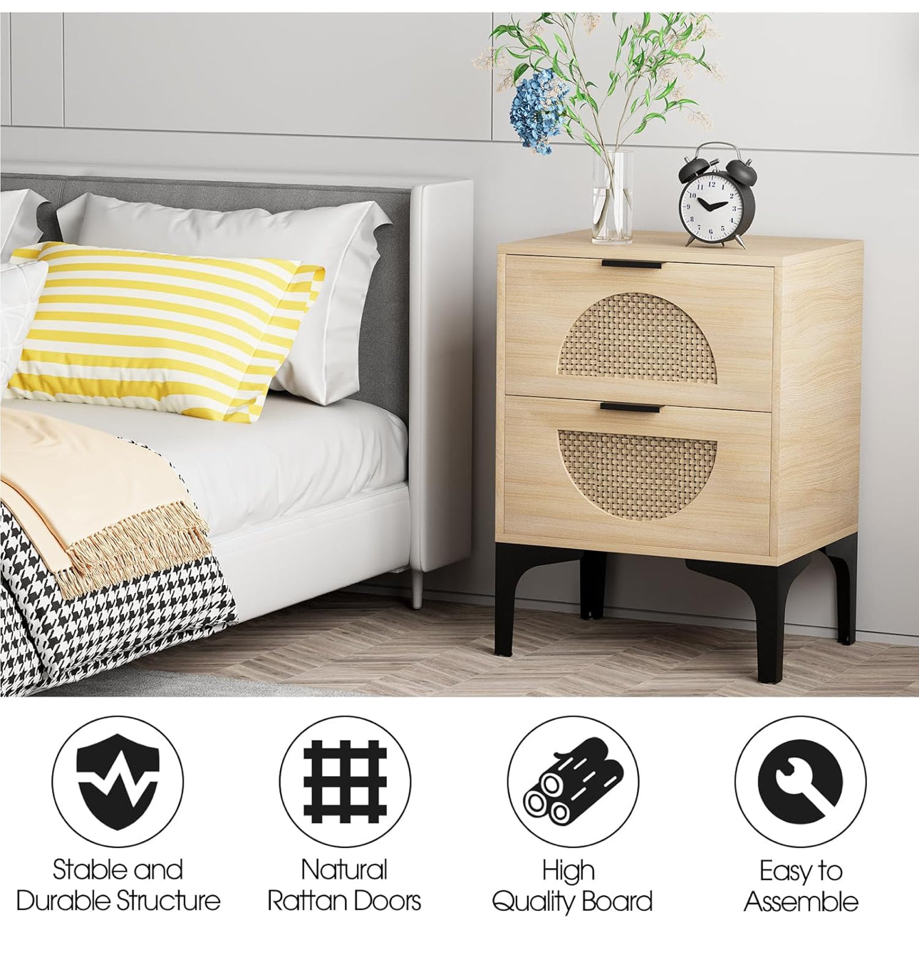 Set of 2 Bedside Table Boho Wood Nightstand