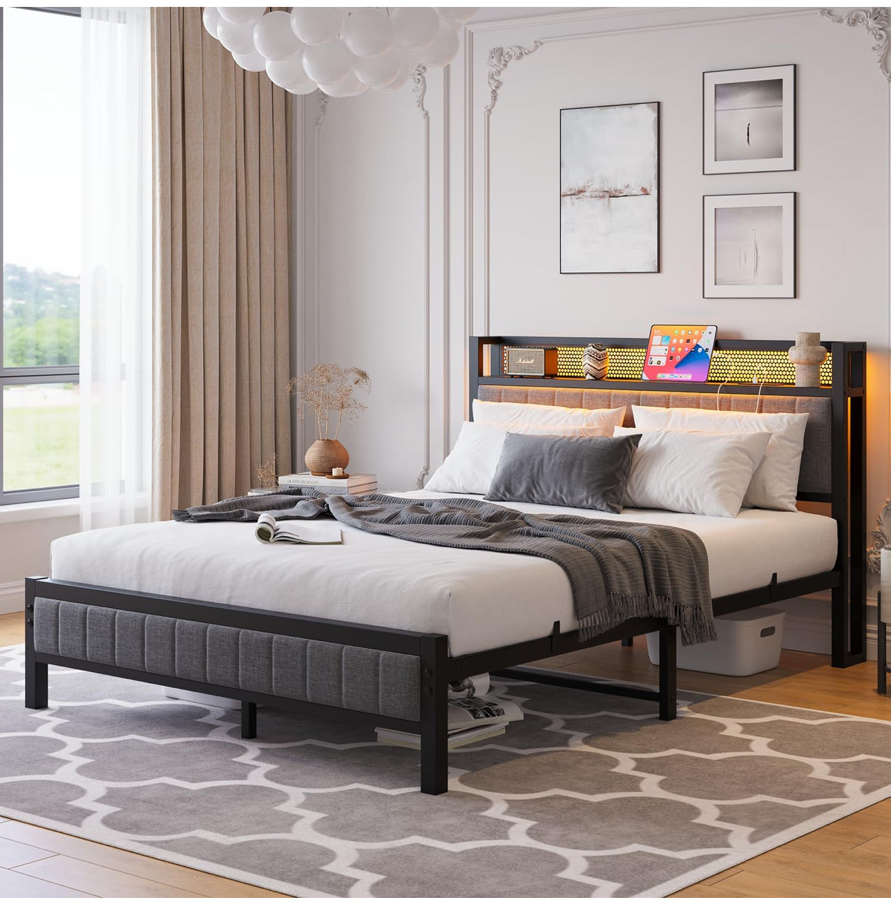 4ft6 Upholstered Bed Frame Double Bed with Charging Station