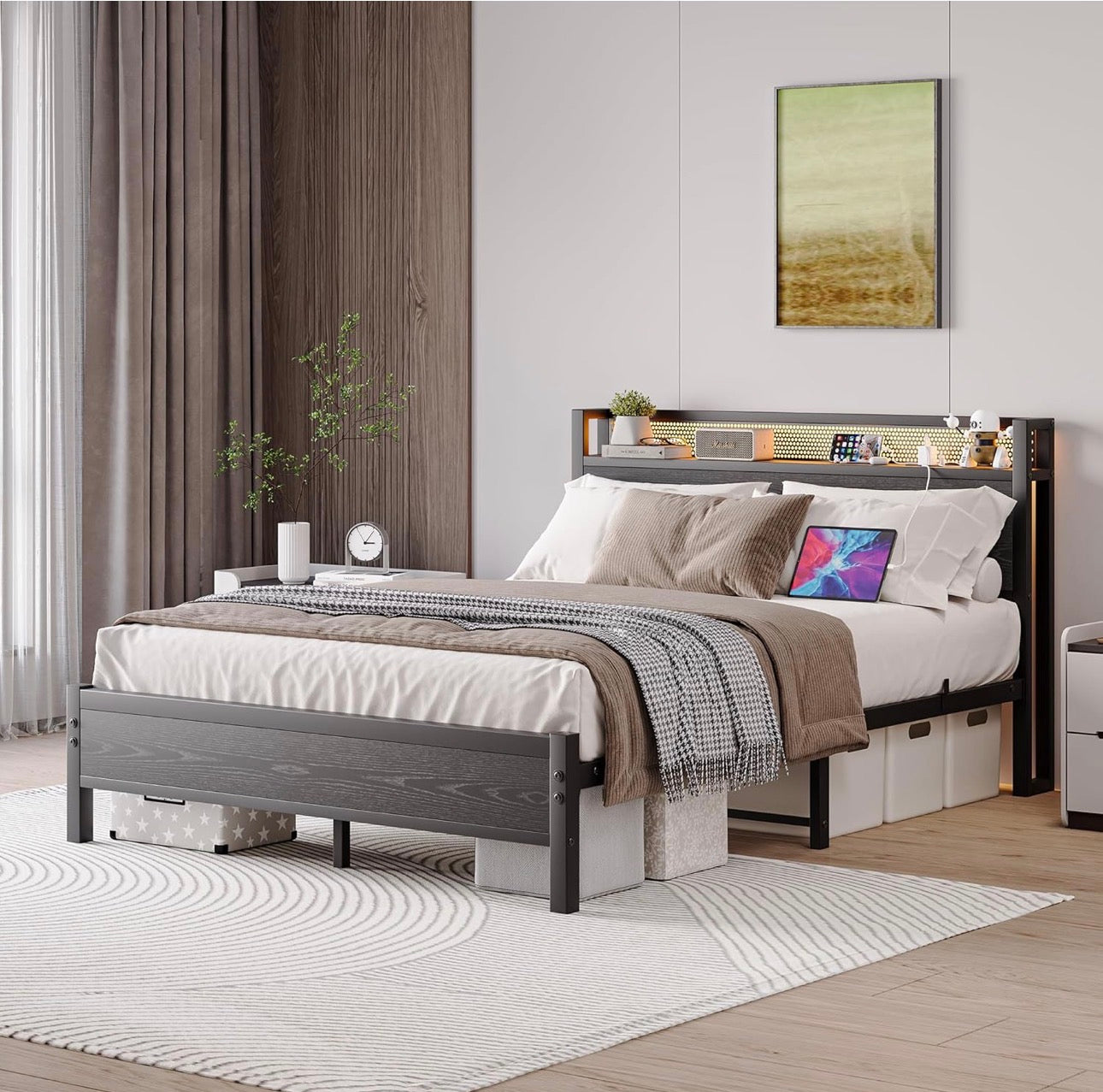Double Bed Frame with LED Lights Storage Headboard,4ft6 Metal Bed Frame Double Bed with Charging Station