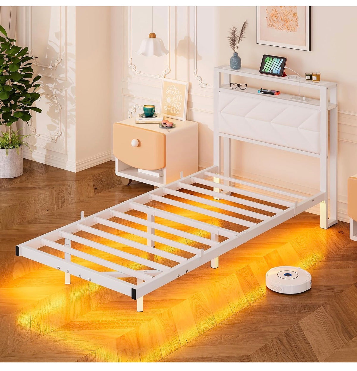 Metal Bed Frame with LED Lights and Charging Station, Heavy Duty Metal Slat Support, Noise Free, No Box Spring Needed