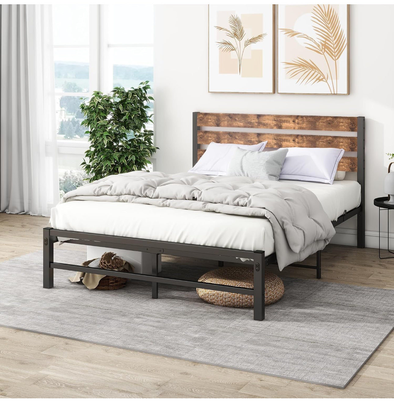 Double Bed Frame with Wood Headboard