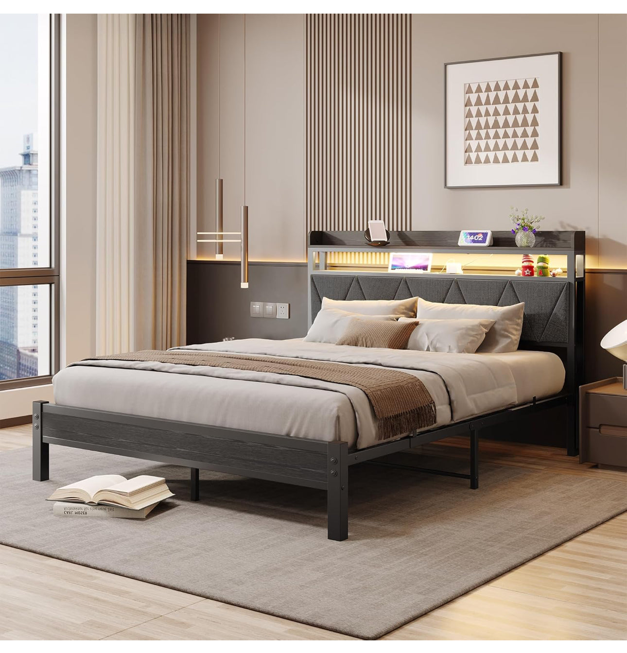 King Bed Frames with 5ft Upholstered Wooden Two-shelf Storage Headboard, Charging Station,LED Lights