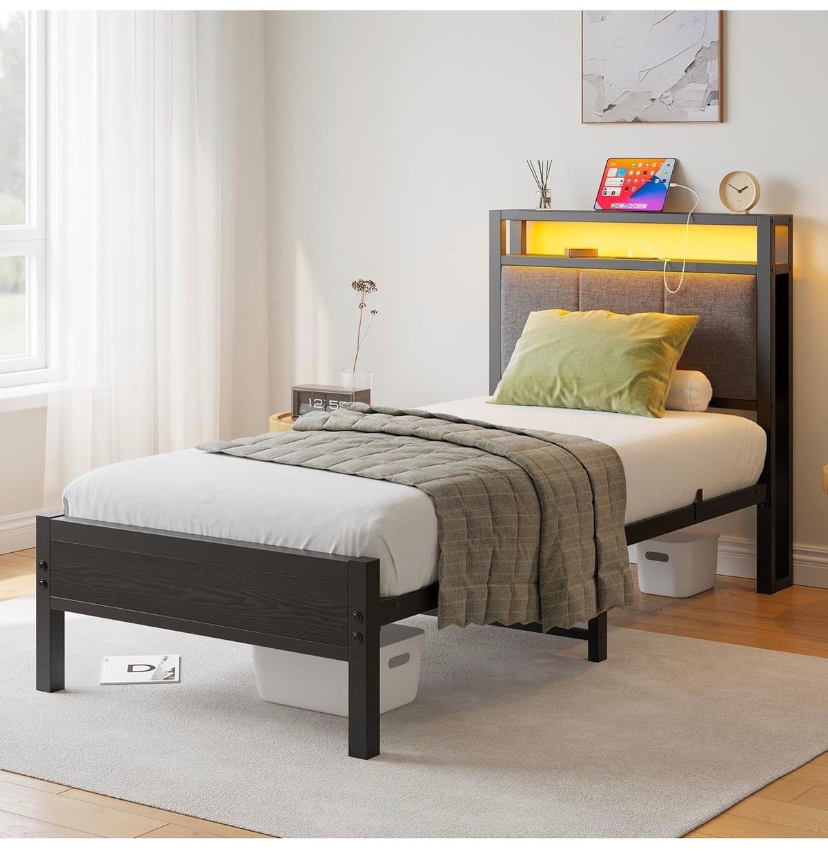 3FT Single Bed Frame with Storage Headboard, Black
Metal Single Bed with Upholstered Headboard, LED Lights and Charging Station, Heavy Duty Metal Slats Support,Easy Assembly