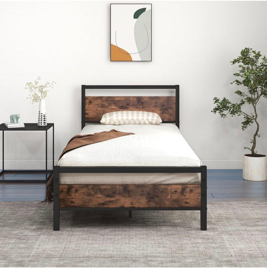 Metal Platform Bed Frame 3 FT Single with Wooden Headboard and Footboard Heavy Duty Steel Support, No Box Spring Needed, Easy Assembly, Black