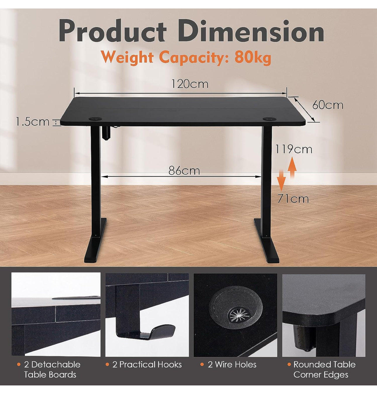 Electric Height Adjustable Standing Desk, 120 x 60