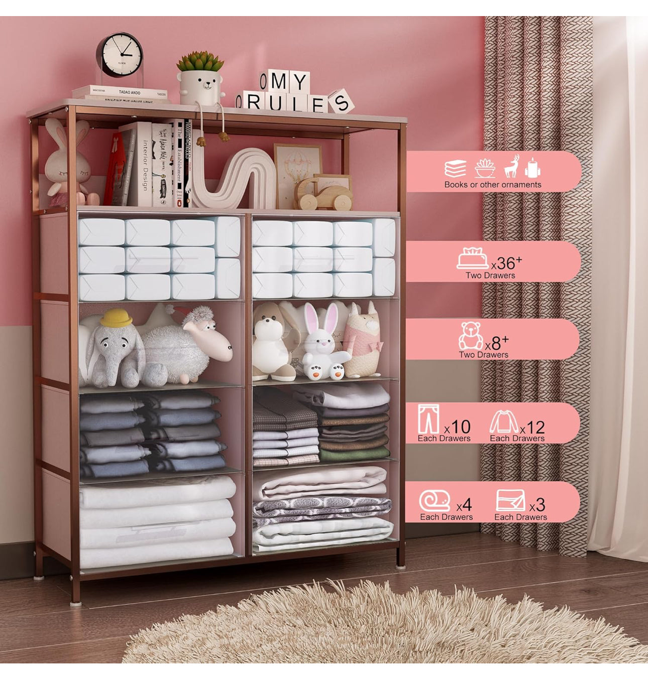 Chest of Drawers, Dresser for Bedroom with 8 Fabric Drawers