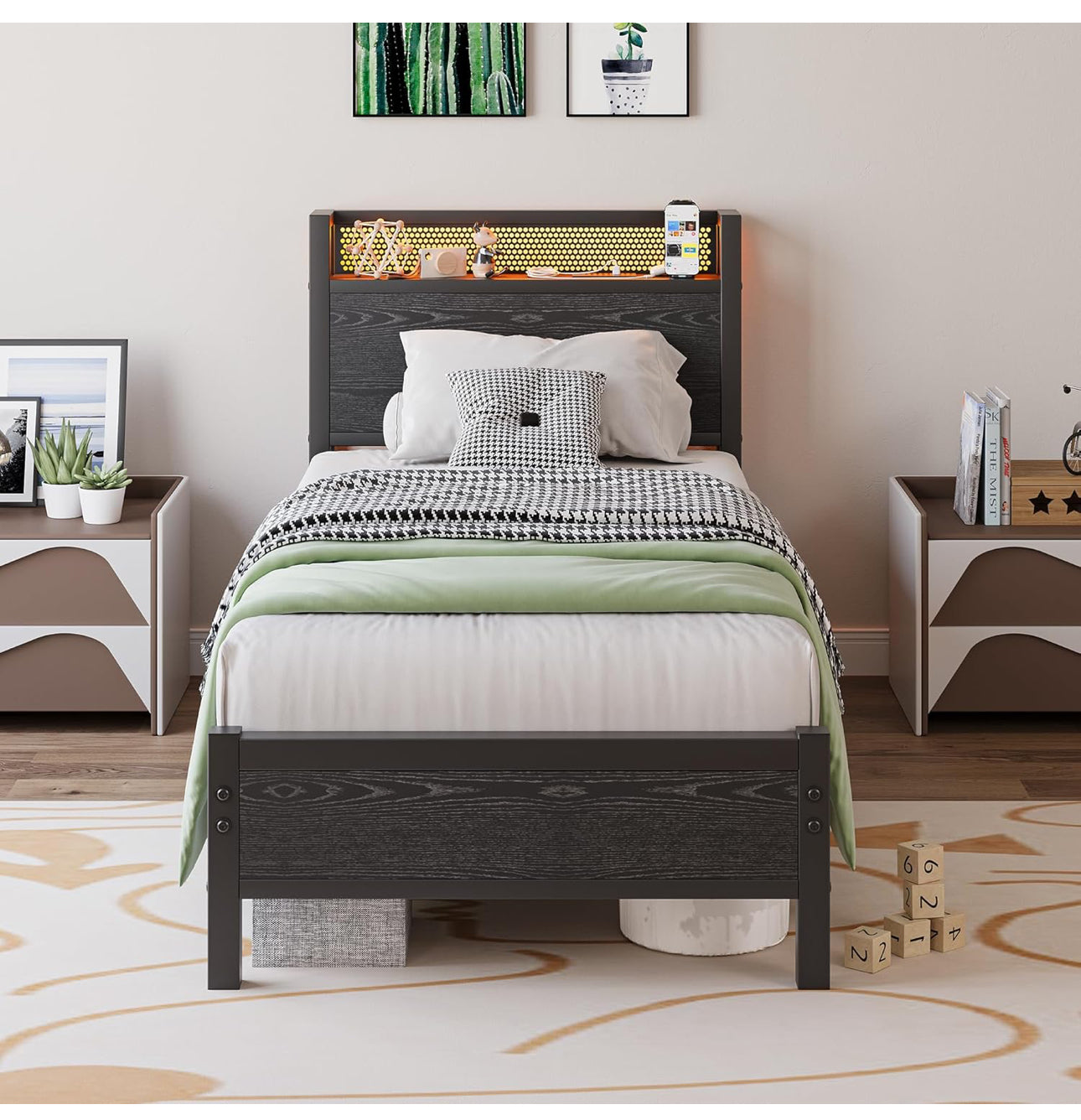 Single Bed Frame with Storage Headboard Shelf,LED Lights,3ft Metal Bed Frame Single Bed with Charging Station