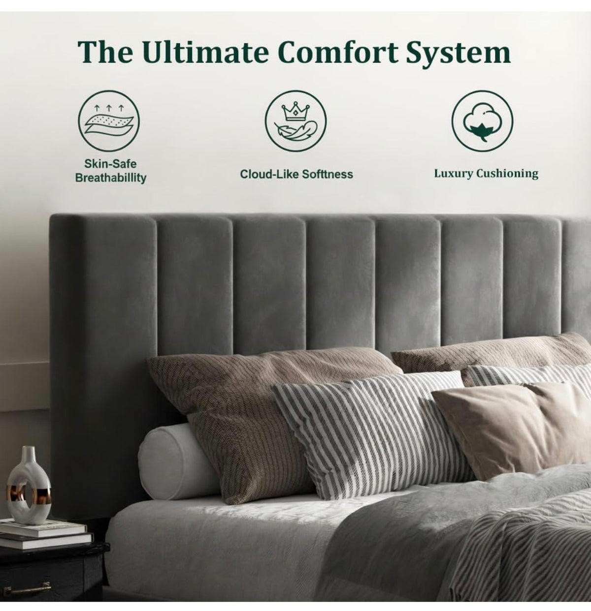 4ft6 Double Bed Frame with Velvet Upholstered Headboard, Grey
Upholstered, Solid slats Support, No Box Spring Needed, Easy Assembly,Underbed Storage,ideal for bedrooms, Apartments
