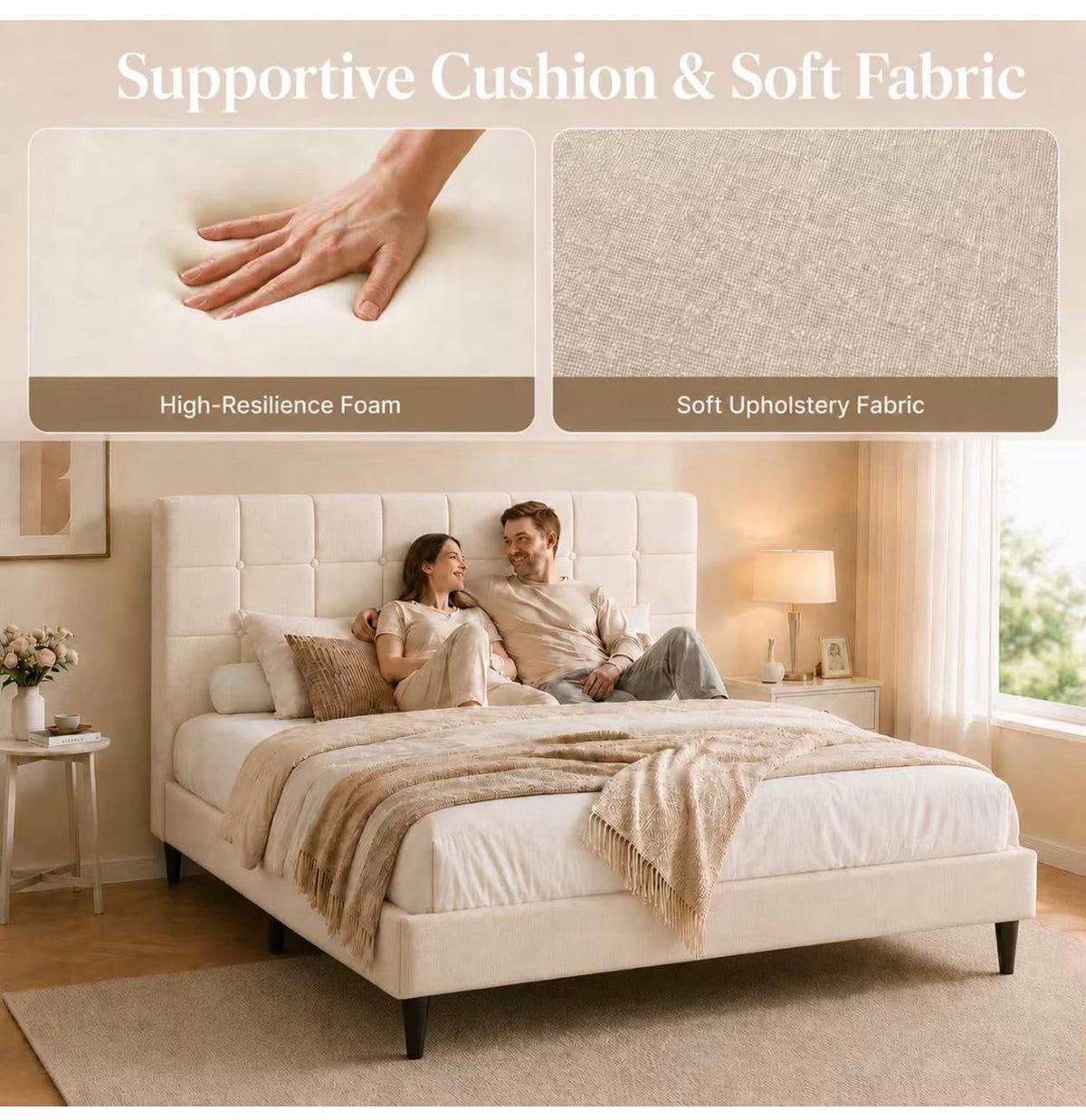 4ft Small Double Bed Frame with Upholstered Headboard, Beige
Upholstered, Solid slats Support, No Box Spring Needed, Easy Assembly,Underbed Storage,ideal for bedrooms, apartments