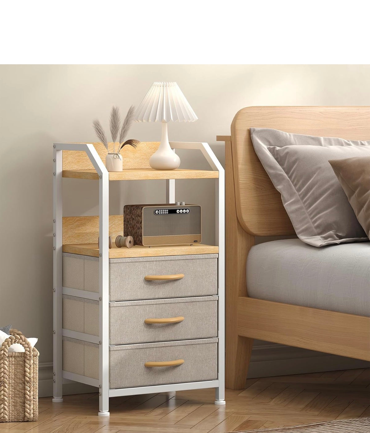 Bedside Table with 3 Fabric Drawers and Open Shelf, Nightstand for Bedroom, Living Room, Small Spaces – Metal Frame & Wooden Top, Compact Sofa End Table with Storage for Home Décor, Khaki