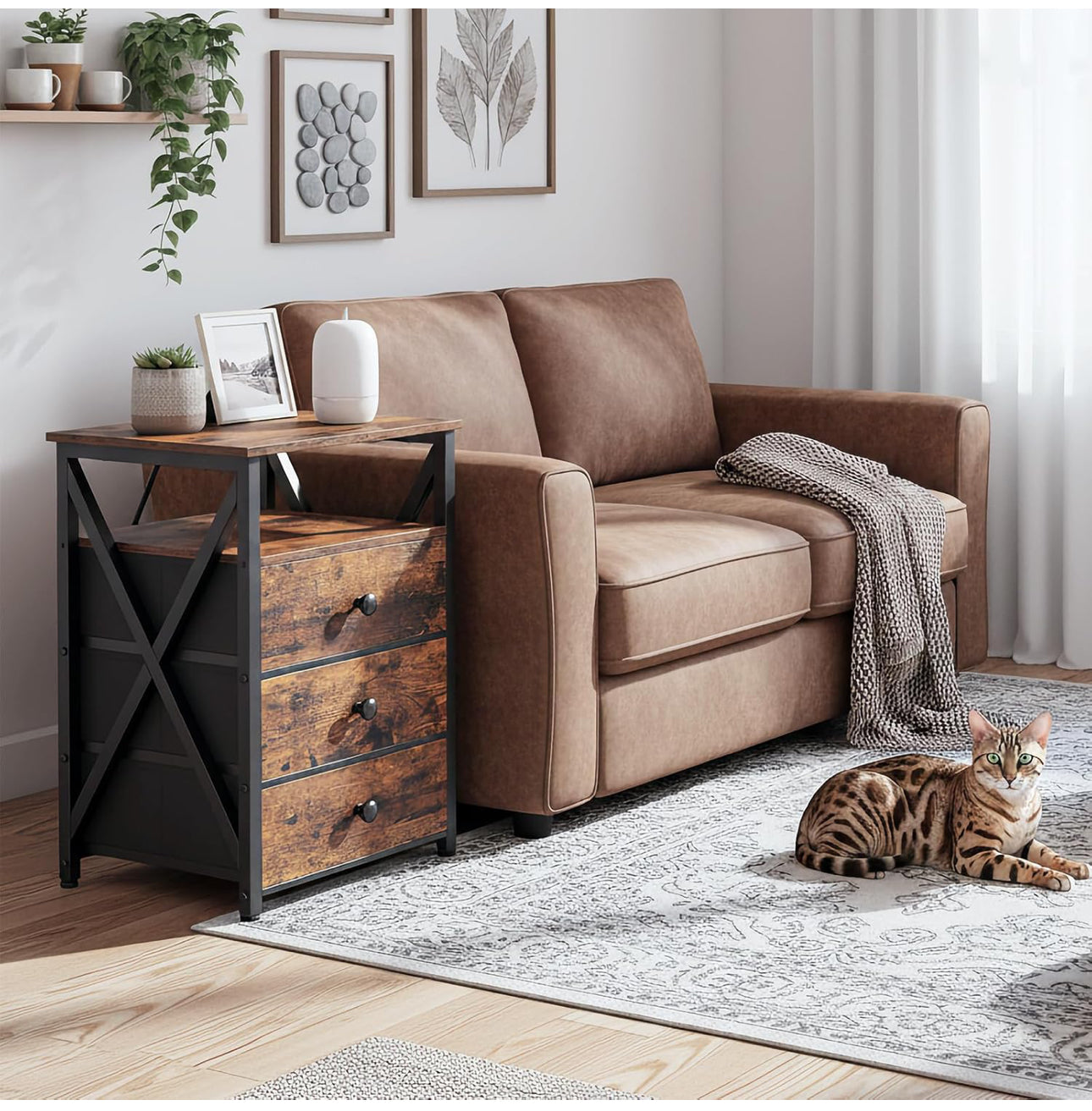 Bedside Table Set of 2 with Charging Station, Side Table with Led Lights