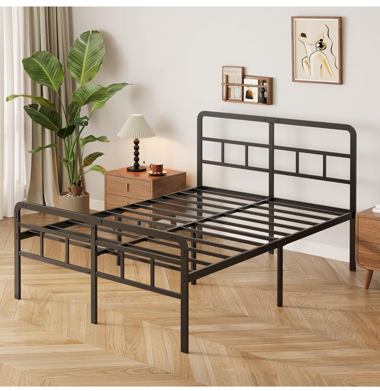 Small Double Bed Frame 4ft with Curved Headboard and Footboard, 46cm Height