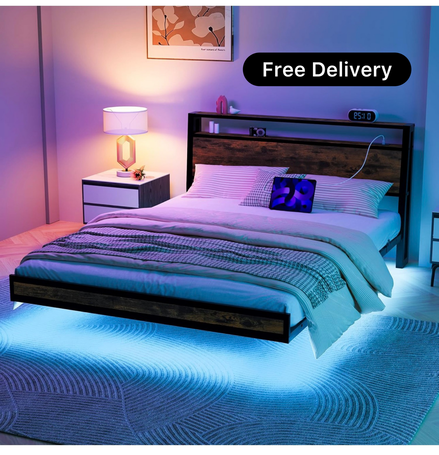 Floating Bed Frame King Size, Black | Charging Station, LED Lights, Wood Headboard with Storage Shelves, Heavy Duty Metal Slats, No Box Spring Needed