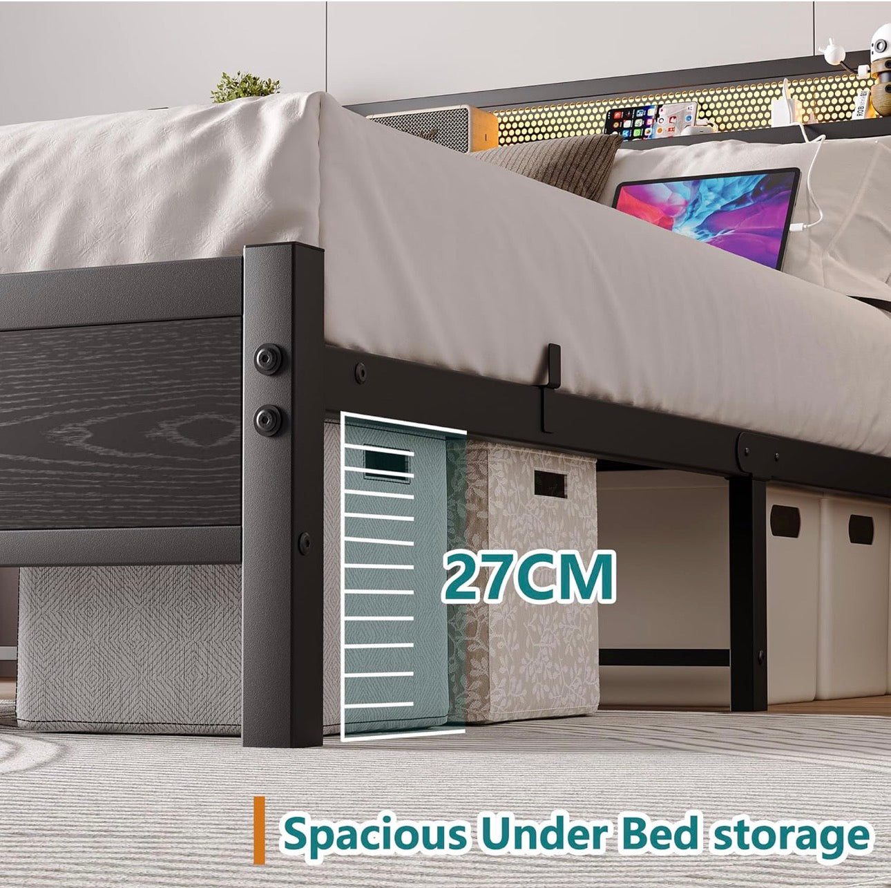 Double Bed Frame with LED Lights Storage Headboard,4ft6 Metal Bed Frame Double Bed with Charging Station