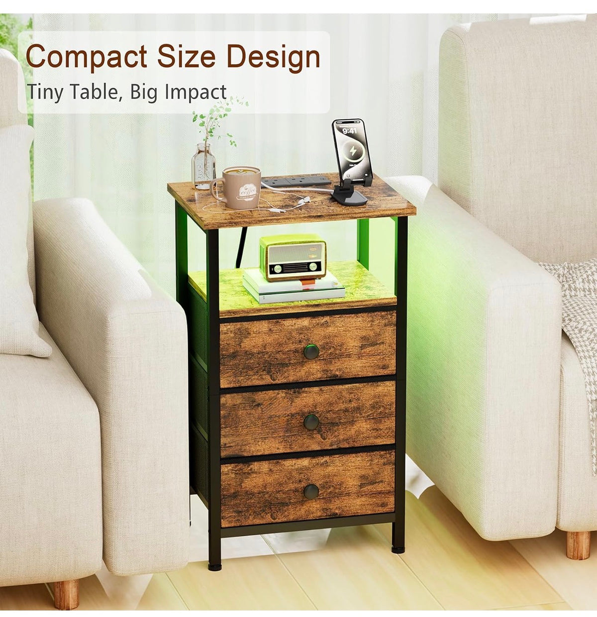 Bedside Table with Charging Station, Side Table with 3 Drawers
Bedside Cabinet with LED Light and Open Storage Shelf, Sofa Table, Night Stand for Living Room, Bedroom,Brown