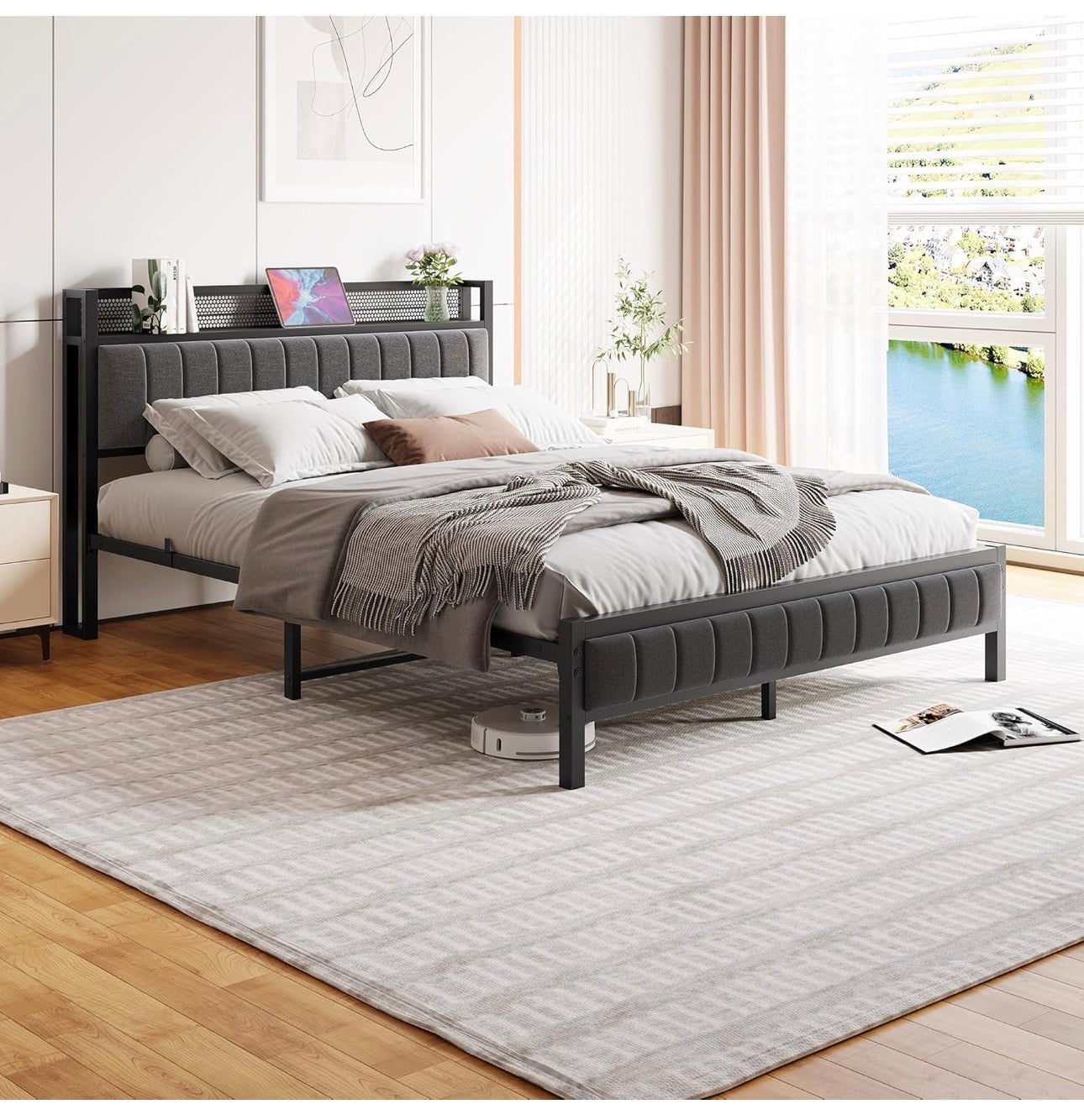 King Size Bed Frame with Storage Upholstered Headboard Shelf,5ft