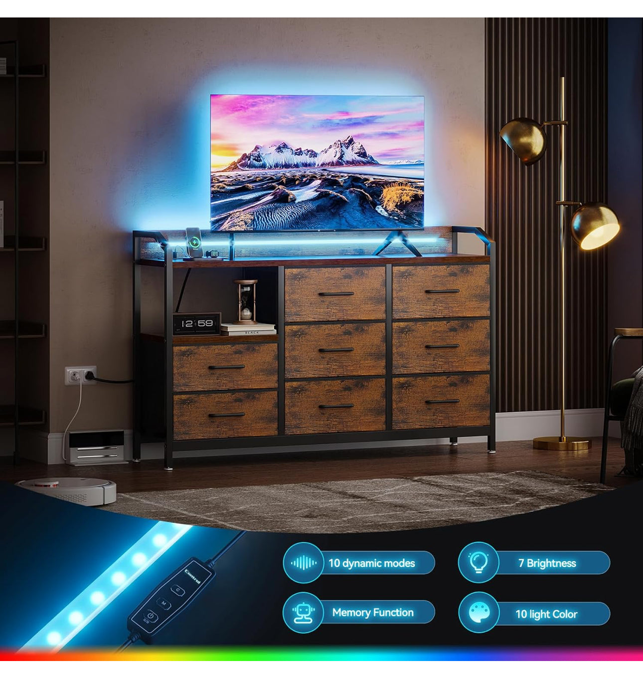 Chest of Drawers Bedroom, with LED Light trip with 10 Adjustable Colors and 2 USB and 2 AC Outlets
