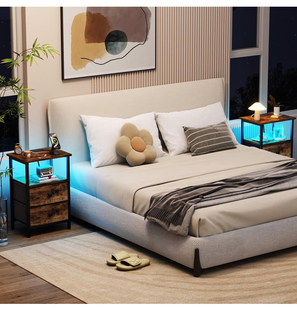 Bedside Tables Set of 2, Side Table with Charging Station
Bed Side Tables with LED Light, Nightstand with 2 Fabric Drawers and Open Storage Shelf, Bedside Cabinets for Bedroom, Brown